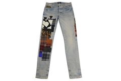 極美品 AMIRI アミリ デニム RN150712  パッチワーク レザー ダメージ加工 ウォッシュド加工 サイズ32 ブルー 中古 4b001665