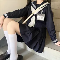 セーラー服 紺色 女子高生 3点セット ハロウィン 仮装 JK 制服 コスチューム 長袖 前開き 上下セット プリーツスカート 人気 女子制服 本格制服 紺三本 文化祭  卒業式 清純 可愛い ネイビー cfs01