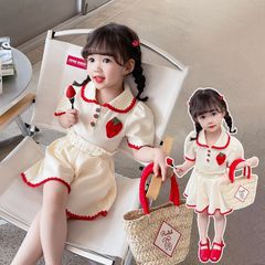 トップス キュロット セットアップ 上下セット 子供服 女の子 女児 小学生 poloシャツ襟  キッズ いちご柄  ボトムス  可愛い  おしゃれ カジュアル 90cm 100cm 110cm  jinrui02