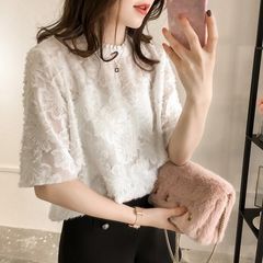 カットソー レディース きれいめ おしゃれ かわいい 七分袖 刺繍 透ける 体型カバー トップス やわらか ゆったり ゆるめシルエット 女性 フォーマル オフィス オフィスカジュアル 半袖 白 黒 薄手