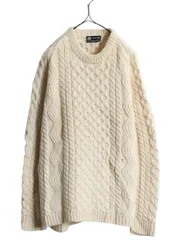 【お得なクーポン配布中!】 フィッシャーマン ウール ニット セーター メンズ L 程/ 古着 アラン ケーブル ローゲージ 無地 クルーネック ナチュラル ヘビーウェイト
