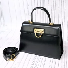 m001 F(100) 美品 フェラガモ 2wayハンドバッグ ガンチーニ レザー ブラック×ゴールド金具 ショルダーストラップ イタリア製 Salvatore Ferragamo BA21 2181 MADE IN ITALY