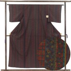 小紋 身丈156cm 裄63cm 前幅23cm 後幅29cm 袖丈45cm 袖幅32.5cm レディース 単衣 連続模様 裄Mサイズ 初夏・初秋用 ポリエステル ブラウン 美品 リメイク リユース リサイクル【呉服のきくや】