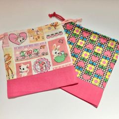 ハンドメイド　【2023 新作】レトロなお花と動物のコップ袋　給食袋　レトロ　花柄　動物　うさぎ　バンビ　ピンク　入園グッズ　通園通学