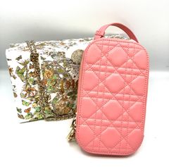 【鑑定済み】正規品 ディオール DIOR  LADY DIOR カナージュ フォンホルダー ピンク  ラムスキン レディース ショルダーバッグ スマホケース