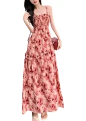 [3MDGHD] ワンピース 花柄 レディース マキシ 丈 ロング リゾート 細見え 着痩せ キャミソール かわいい セクシー 涼しい (JP, アルファベット, L, ピンク) [ピンク] [L]