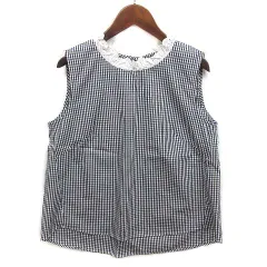 フランシュリッペ franche lippee 合わせる リボン レース ギンガムチェック ノースリーブ ブラウス ネイビー 紺 M 美品