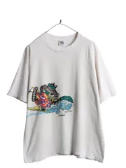【お得なクーポン配布中!】 90s USA製 クリバンキャット イラスト 両面 プリント Tシャツ メンズ レディース L 古着 アニマル ネコ シングルステッチ キャラクター 白