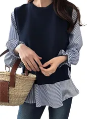 newNE ニューネ2点セット 重ね着風 ブラウス ベスト 長袖 レイヤード ドッキング シャツ トップス レディース 春 秋 プルオーバー 通勤 オフィス ビジネス 通学 大学生 社会人(ネイビー,  2XL)