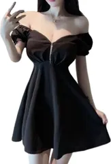 toasoa トーアソーア ワンピース レディース ミニ フレア セクシー クラブ 衣装 ジッパー 半袖 パフスリーブ(ブラック,  S)