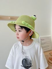カエルハット　子供用日よけ帽子　夏かわいい麦わら帽子　男の子砂浜漁師帽子　女の子のつばの大きい日よけ帽子