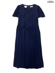 古着 karin stevens 刺繍 ビジュー 無地 ロング丈 半袖 ワンピース 紺 (otu2406066)