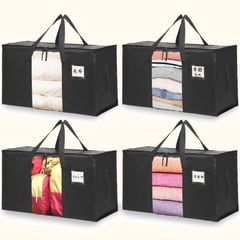 耐荷重:60kg ブラック 約100L 折り畳み 背負える取っ手付き 透明窓 4枚組 引越し 防災バッグ キャンプ 着物 段ボールの代わりに 防水 トートバッグ大容量 収納ボックス 収納袋 引っ越しにぴったり 毛布 羽毛布団 洗濯ランドリーバッグ 大容量バッグ