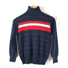 ニット タートルネック 長袖 ストライプ 日本製 ネイビー 赤 白 Mサイズ 2025062600027
