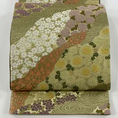 【美品】 袋帯 秀品 草木染 鈴乃屋 菊 流水 唐織 箔 鶯色 六通 正絹 【中古】