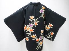 【一輝堂】リサイクル着物 黒羽織 縫紋 橘文 羽織紐付 正絹 身丈約80cm 裄丈約63.5cm 25z07-3859