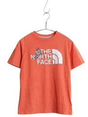 【お得なクーポン配布中!】 ノースフェイス プリント 半袖 Tシャツ キッズ 140cm 程/ アウトドア キャラクター グラフィック イラスト 淡い オレンジ 子供用 かわいい