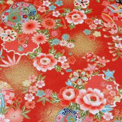 約110×23cm 開花 チリメンエンボス 花手毬と鼓 2500-136B レッド 生地 布地 布 ハンドメイド