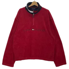 90'sTOMMY HILFIGER/90年代 トミーヒルフィガー フラッグタグ ハーフジップ フリースジャケット 長袖 フロントプリント ワンポイント刺繡 タイワン製 メンズ XL レッド