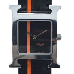 HERMES エルメス Hウォッチ HH1.210 クォーツ QZ 革 ブラック文字盤 スクエア オレンジライン レディース腕時計 【中古】【美品】