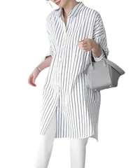 [グリーンパキラ] おしゃれ シャツワンピース 襟付 シャツ トップス 長袖 レディース 体型カバー チュニック 春 秋 きれいめ インナー 重ね着 着回し (2XL, ストライプ) [ストライプ] [2XL]