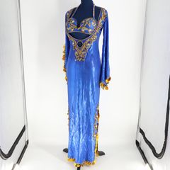 【ベリーダンス用 サイーディ衣装】ブルー×ゴールド バラディドレス スパンコールラメ 青 光沢 艶 左右スリット入り 煌びやか ブラトップ スカートセット ゴージャス感 セクシー