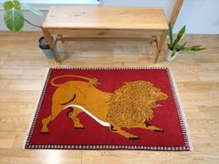 ペルシャ オールドギャッベ　アマレバフト ラグ　127x83cm　ライオンギャッベ　茜色　黄金色　PS9365