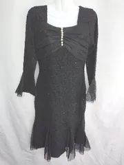 ◇ ⊇ ◎●未使用● fashion スパンコール パール装飾 チュール 長袖 ロング丈 ワンピース サイズM ブラック レディース E  【1410100009503】