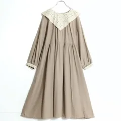 SM2 ★レース襟♪綿麻ワンピース サイズF 薄茶系 ギャザーたっぷり♪無地 z15899