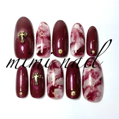 現品限り ワインレッド＆天然石風ネイルチップ ハンドメイド ロング ジェルコート済