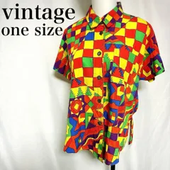 90sビンテージシャツ カラフル幾何学 半袖アート柄 ボタン ボックスシルエット