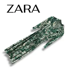 ZARA ザラ グリーン ボタニカル柄 リーフ柄 ワンピース ドレス ビスコース100% トルコ製 XS エクストラスモールサイズ 長袖 シャツワンピ ウエストリボン レディース 2492/161/330 0000552OC