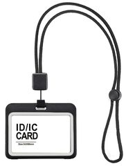 ホルダー 名札 パスケース シリコン製 長さ調整可 伸縮リール付き 両面透明 (横-黒) 縦/横 社員証ケース 首掛け IDカードホルダー