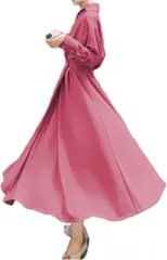 GREENTEA (グリーンティー) ロングフレアワンピース 襟付き きれいめ 長袖 レディース(ピンク,  XL)