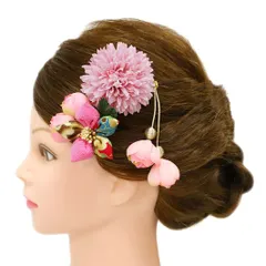 髪飾り 成人式 つまみ細工 振袖 前撮り 袴 花 3点セット ピンク 薄ピンク 白 ゴールド ちりめん 下がり 剣つまみ 和柄 かんざ No.9-4934