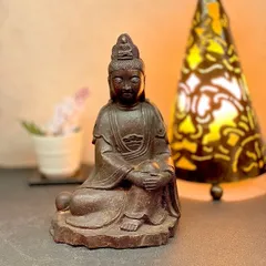 仏教美術　彫刻家　真海徳太郎作　木彫　観世音菩薩　仏像　置物　共箱　VR8302 仏教美術 彫刻家 真海徳太郎作 木彫 観世音菩薩 仏像 置物 共箱