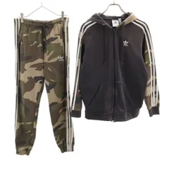 adidas Originals アディダスオリジナルス トレフォイルロゴ カモフラ切替 長袖 スウェット ジップパーカー 上下 セットアップ M ブラウン メンズ 古着