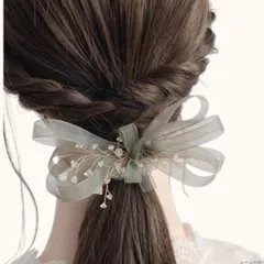 ヘアクリップ 髪飾り チュールリボン ヘアアクセサリー 森ガール 誕生日 発表会 撮影用 結婚式 フォーマル 通勤 通学 パーティー (グレー) [グレー]