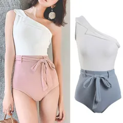 水着 ワンピース レディース ワンショルダー バイカラー ウエストリボン 体型カバー かわいい フェミニン リボン おしゃれ