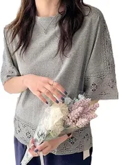 ririka リリカ カットソー レース Tシャツ 5分袖 ラウンドネック ドロップショルダー ゆったりレディース フリー( グレー,  Free Size)