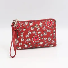 美品 コーチ レッド レザー 花柄 リストレット 小物入れ レディースポーチ 2000000 NSK OMI