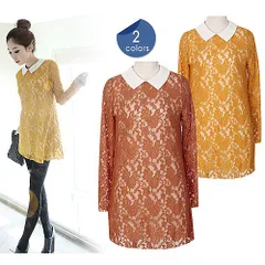 ワンピース ミニワンピース チュニック レディース 長袖 秋 春 きれいめ カジュアル フォーマル 結婚式 シンプル 上品 花柄 韓国 低身長 大人可愛い フレア Aライン おしゃれ 襟付き レース 茶色 ブラウン マスタード