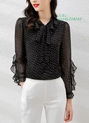 ブラウス レディース トップス 長袖 春 秋 総柄 シャツブラウス ボウタイブラウス 大きいサイズ 3L 襟付き 黒 韓国 4L シアー袖 フリル襟 ant4y228244