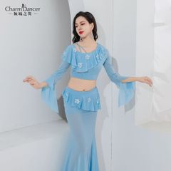 新品未使用 ダンス衣装 レッスン着 社交ダンス ラテンドレス セクシー優雅 ステージ衣装 練習着 2点セット 長袖トップス＋魚尾スカート 修身 花飾り付き 淡紫 BABYブルー ミントグリーン イベント用 撮影会 パーティー用 ハロウィン ダンス用
