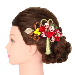 髪飾り 成人式 水引 つまみ細工 赤 振袖 前撮り 袴 花 3点セット 白 オレンジ 橙色 ゴールド ちりめん 房 房付き 組紐 和柄 か No.9-5143