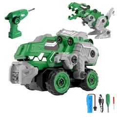 恐竜 おもちゃ ラジコン ラジコンカー 子供向け O WOWZON リモコンカー RCカー 玩具 車 知育玩具 2in1 変形可能 組み立て 4チャンネル DIY ごっこ遊び 多機能 電動ドライバー変身可 70分間遊べる 室内遊び 男の子 女の子 小学生 プレ