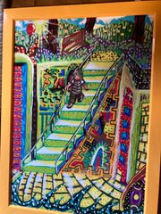 アクリル絵画「階段」A4サイズフレーム付き