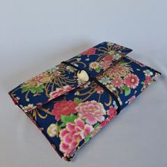 No.5015　2冊収納可能　御朱印帳ケース　仕切り　ポケット付　紺　花柄