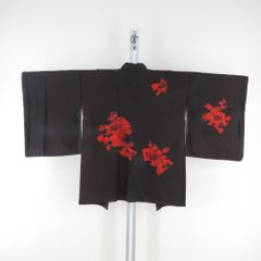 羽織 絹 ダークブラウンｘ赤色 蔦紋 菊に紅葉模様 着物上着 着物ジャケット ちりよけ 仕立て上がり 身丈78.5cm