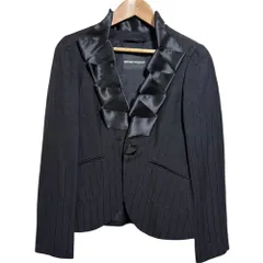 美品 EMPORIO ARMANI エンポリオアルマーニ ストライプ柄 リネンブレンド デザインカラー シングル ジャケット 36 ブラック レディース 古着 中古 USED